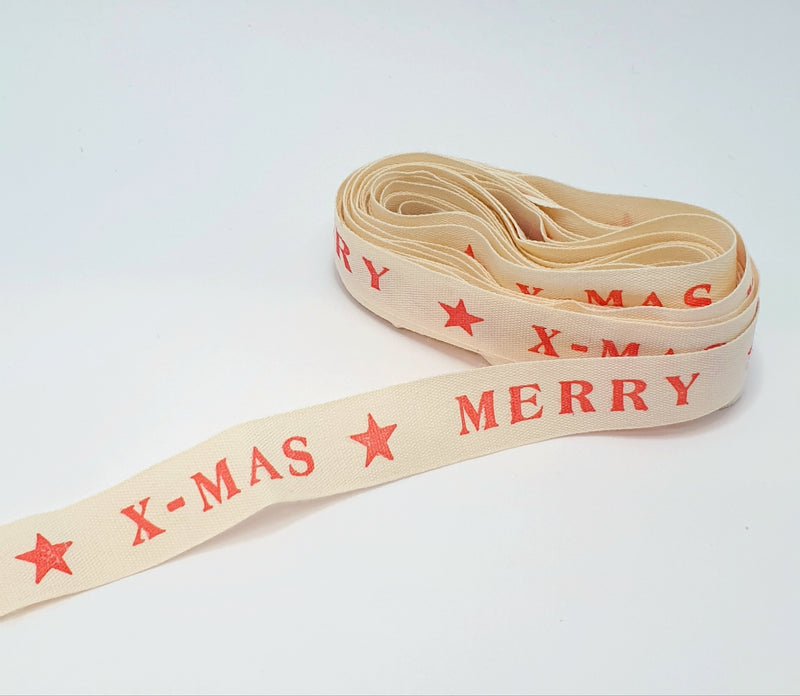 MajorCrafts 4.5m 5yds - 15mm wide 'Merry Xmas' Printed Cotton Fabric Ribbon