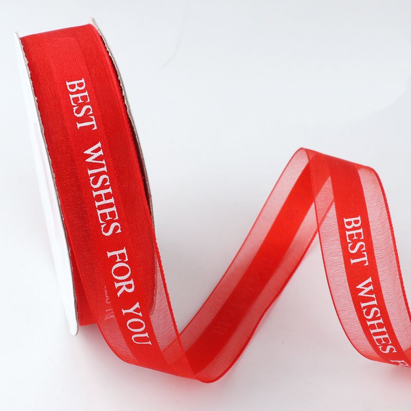 MajorCrafts 25mm 45metres Red 'Best Wishes' Printed Satin & Organza Fabric Ribbon Roll